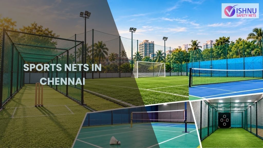 Sports nets in Chennai for cricket, football, badminton, and indoor sports courts by Vishnu Safety Nets.